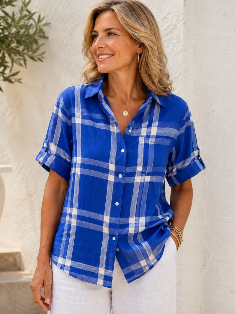 100% Linen Cobalt Blue Plaid Button Front Shirt